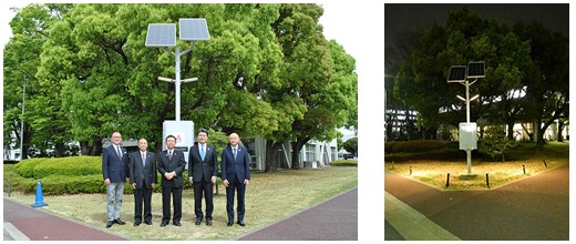 （写真左）左からMIRAI-LABO社長の平塚、岡崎市の清水副市長、中根市長、三菱自動車執行役員の岩本、岡崎製作所長の今井、（写真右）夜間に点灯している様子